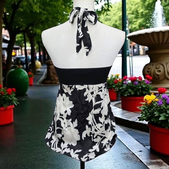 Bebe Floral Halter Top | Black & White Coquette Cottagecore Stretch XS Summer - Picture 4 of 14